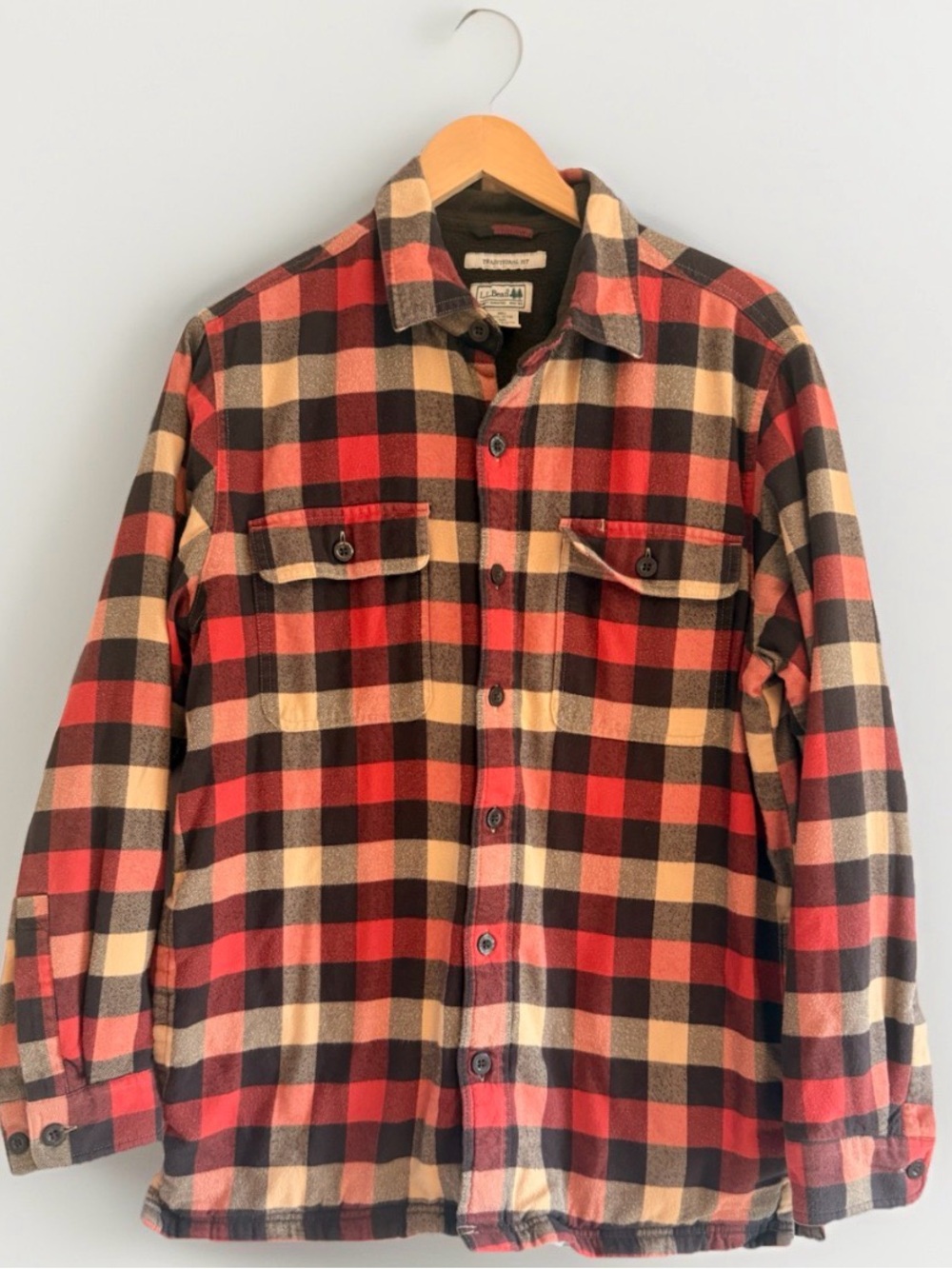 LL Bean Mens Fleece Lined Plaid Flannel Medium Reg Shirt Jacket Shacket Orange